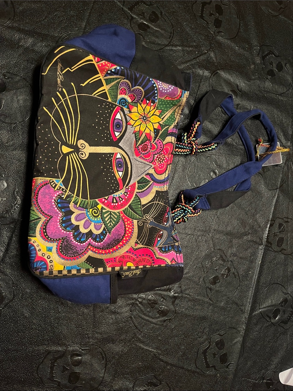 Laurel Burch Carlotta’s Cats Colorful Black Floral Cat-Print Tote Bag